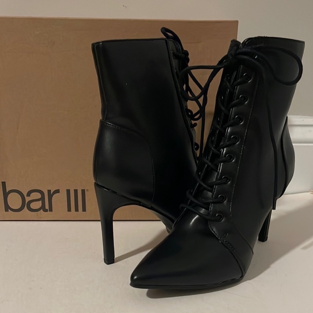 Bar III Mathia Black Lace-Up Faux Leather Pointed-Toe Stiletto Ankle Boots 6.5 M